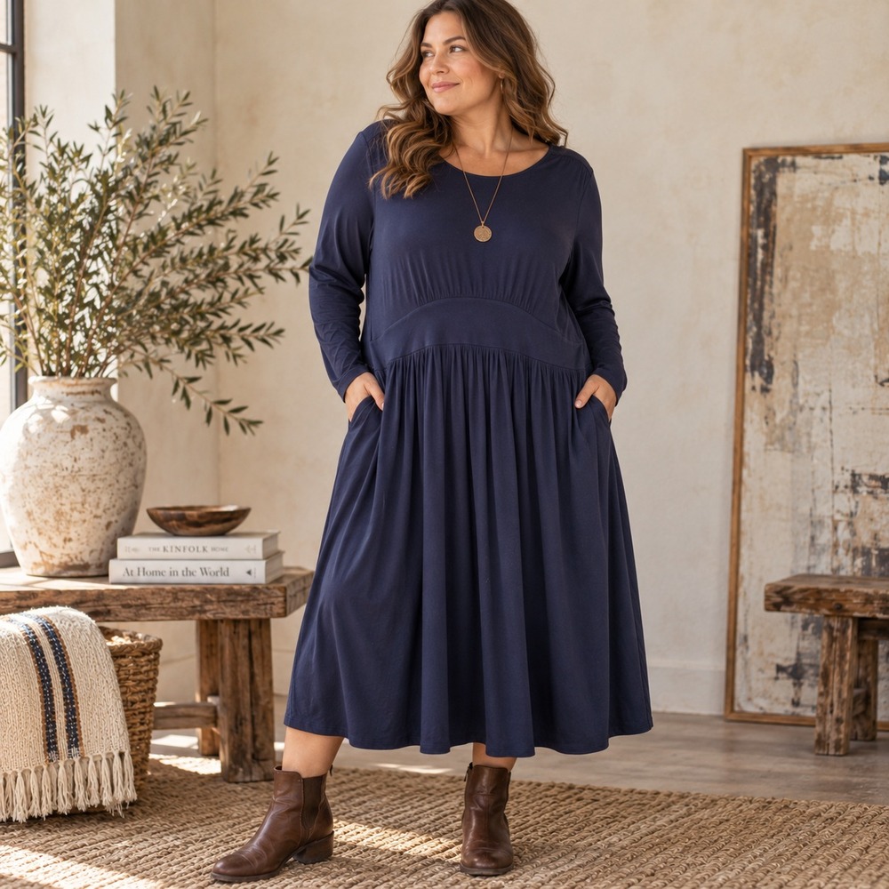 Boden Thea Midi Dress Plus Size 16-18 Navy Blue Empire Waist Pockets Minimalist